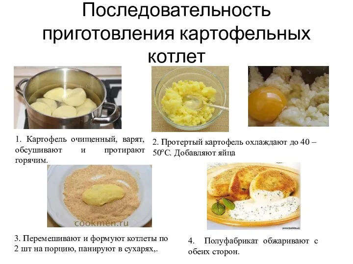 Последовательность приготовления картофельных котлет 1. Картофель очищенный, варят, обсушивают и протирают