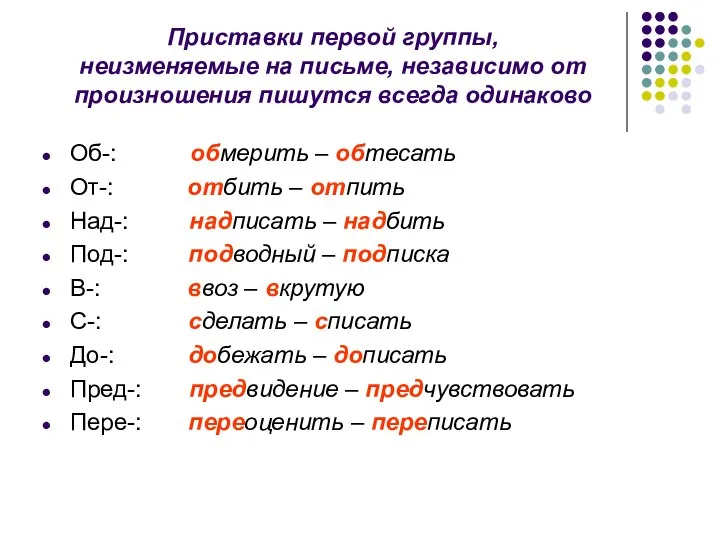 Приставки первой группы, неизменяемые на письме, независимо от произношения пишутся всегда