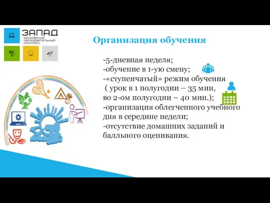 Организация обучения -5-дневная неделя; -обучение в 1-ую смену; -«ступенчатый» режим обучения