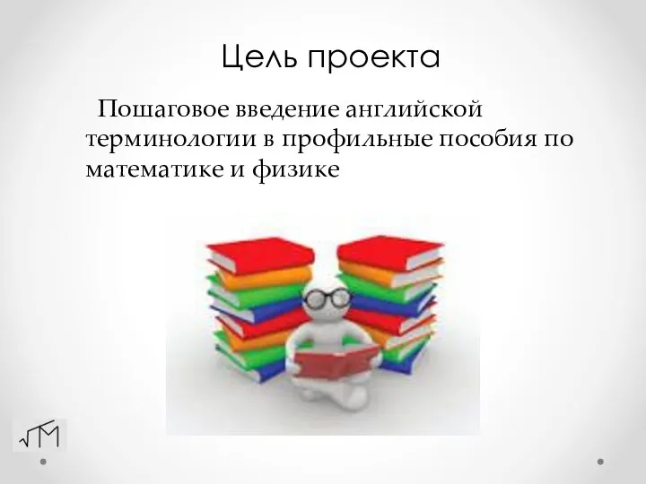 Цель проекта Пошаговое введение английской терминологии в профильные пособия по математике и физике