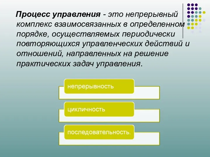 Процесс управления - это непрерывный комплекс взаимосвязанных в определенном порядке, осуществляемых