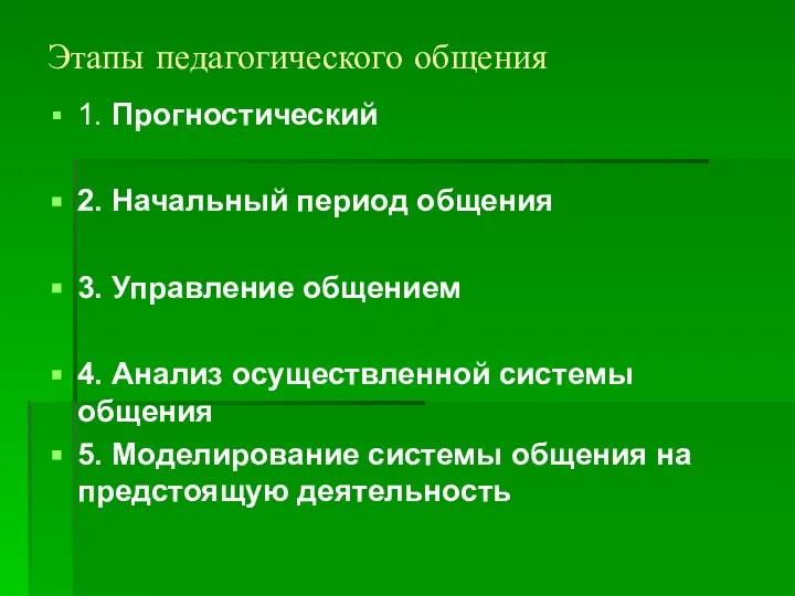 Этапы педагогического общения 1. Прогностический 2. Начальный период общения 3. Управление