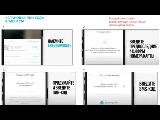 УСТАНОВКА ПИН-КОДА КЛИЕНТОМ 1. 2. 3. 4. Все действия клиент выполняет сам, нужно только проконсультировать