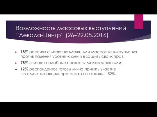 Возможность массовых выступлений “Левада-Центр” (26–29.08.2016) 18% россиян считают возможными массовые выступления