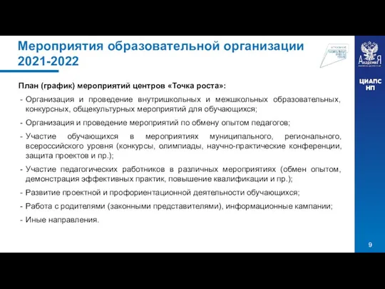 Мероприятия образовательной организации 2021-2022 План (график) мероприятий центров «Точка роста»: Организация