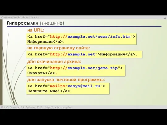 Гиперссылки (внешние) Информация . на URL: на главную страницу сайта: Информация