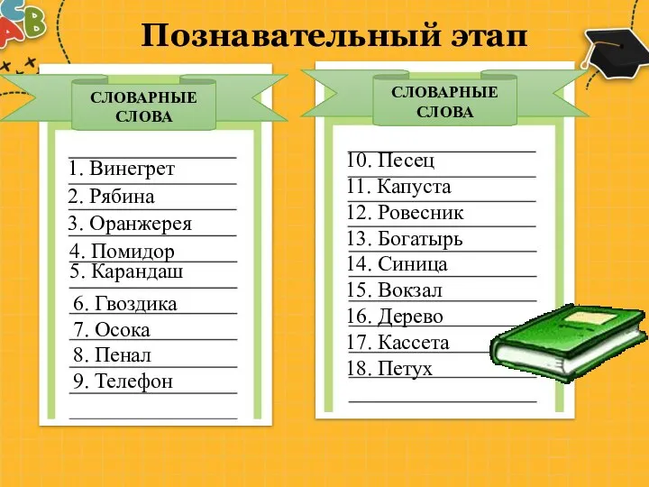 Познавательный этап СЛОВАРНЫЕ СЛОВА 1. Винегрет 2. Рябина 3. Оранжерея 4.