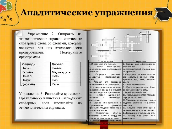 Аналитические упражнения Упражнение 2. Опираясь на этимологические справки, соотнесите словарные слова