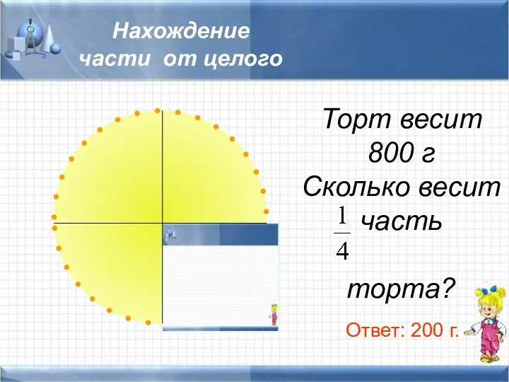 Нахождение части от целого Торт весит 800 г Сколько весит часть торта? Ответ: 200 г.