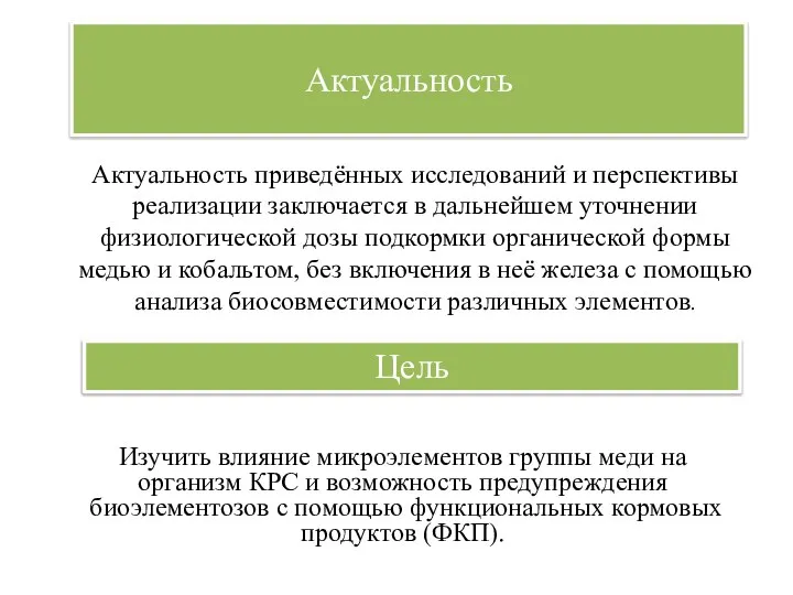 Актуальность Изучить влияние микроэлементов группы меди на организм КРС и возможность