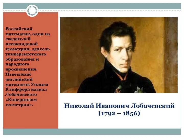 Николай Иванович Лобачевский (1792 – 1856) Российский математик, один из создателей