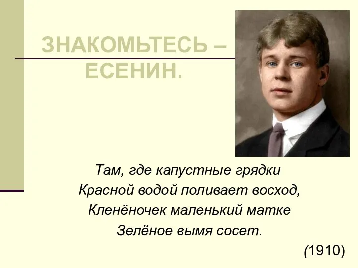 Там, где капустные грядки Красной водой поливает восход, Кленёночек маленький матке