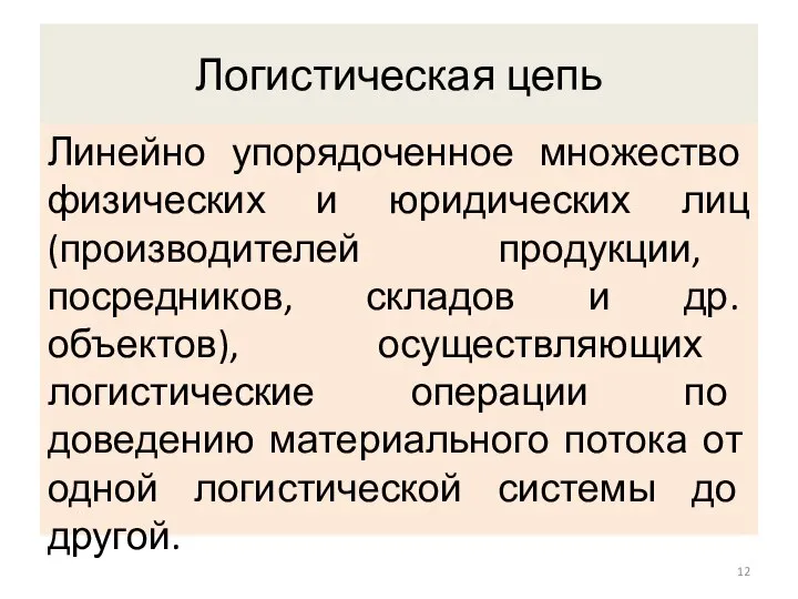 Логистическая цепь Линейно упорядоченное множество физических и юридических лиц (производителей продукции,