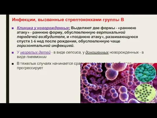 Инфекции, вызванные стрептококками группы В Клиника у новорожденных: Выделяют две формы