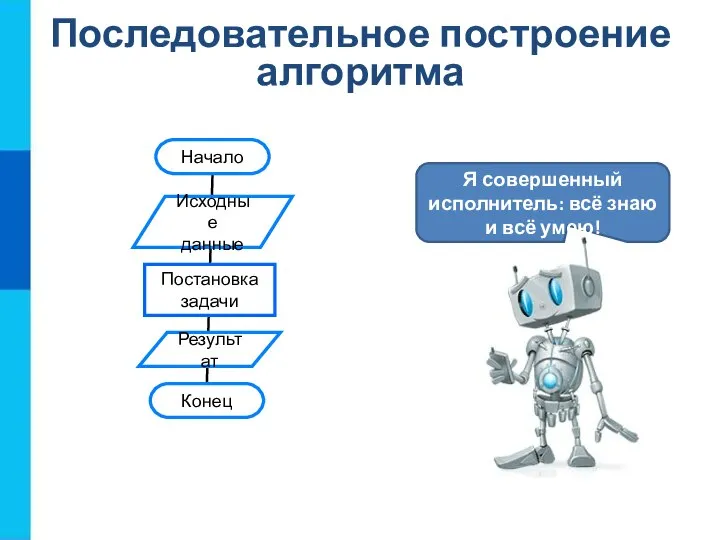 Последовательное построение алгоритма Я совершенный исполнитель: всё знаю и всё умею!