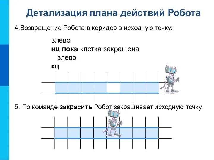 4.Возвращение Робота в коридор в исходную точку: влево нц пока клетка