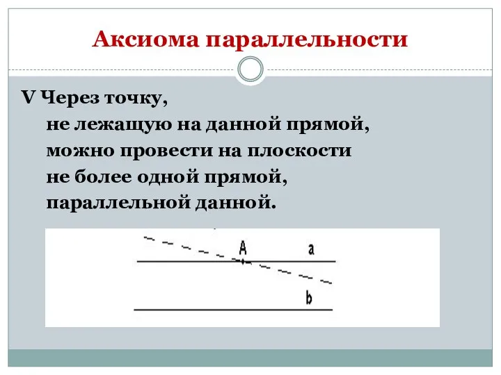 Аксиома параллельности V Через точку, не лежащую на данной прямой, можно