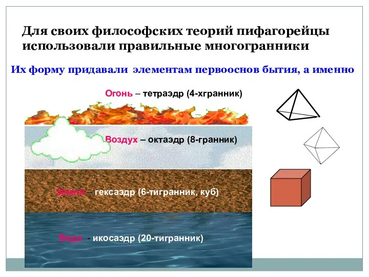 Для своих философских теорий пифагорейцы использовали правильные многогранники Их форму придавали