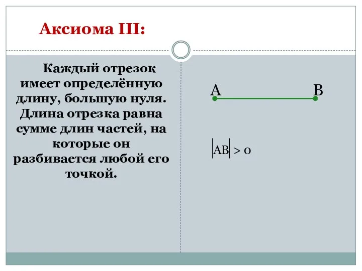 Каждый отрезок имеет определённую длину, большую нуля. Длина отрезка равна сумме