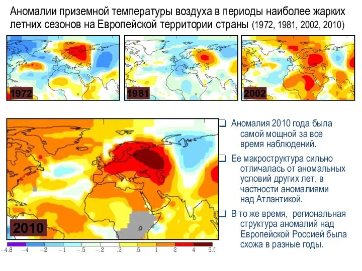 1972 1981 2002 2010 Аномалии приземной температуры воздуха в периоды наиболее