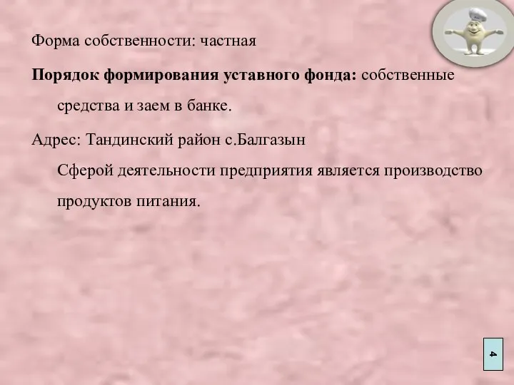 Форма собственности: частная Порядок формирования уставного фонда: собственные средства и заем