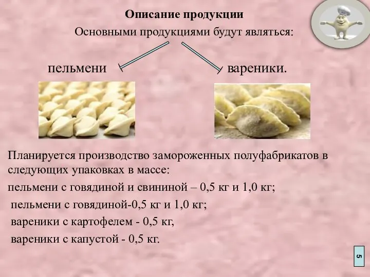 Описание продукции Основными продукциями будут являться: пельмени вареники. Планируется производство замороженных