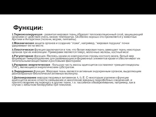 Функции: 1.Термоизолирующая - развитая жировая ткань образует теплоизоляционный слой, защищающий организм