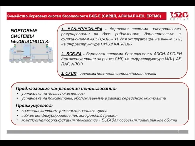 Семейство бортовых систем безопасности БСБ-Е (СИРДП, АЛСН/АЛС-ЕН, ERTMS) 1. БСБ-ЕР/БСБ-ЕРА -