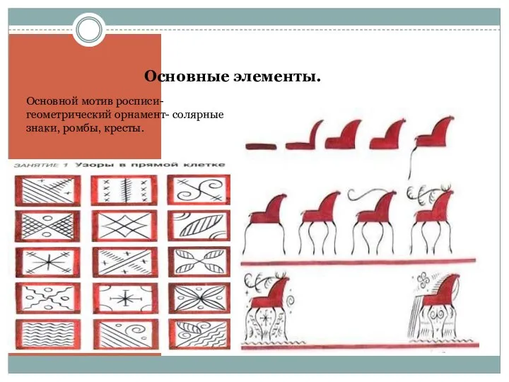 Основные элементы. Основной мотив росписи- геометрический орнамент- солярные знаки, ромбы, кресты.