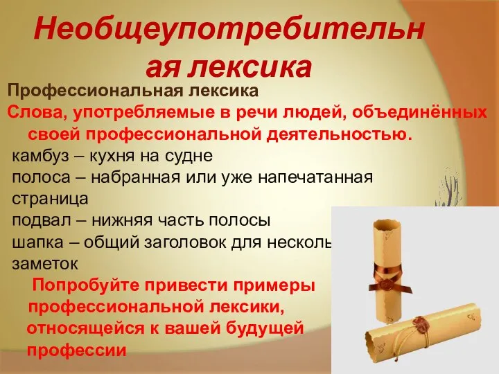 Необщеупотребительная лексика Профессиональная лексика Слова, употребляемые в речи людей, объединённых своей