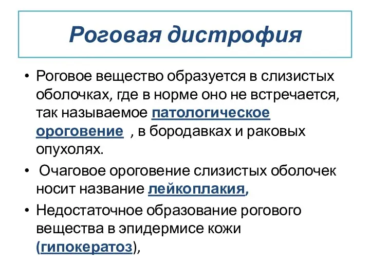 Роговая дистрофия Роговое вещество образуется в слизистых оболочках, где в норме