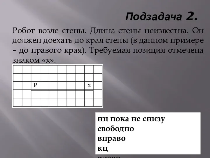 Подзадача 2. Робот возле стены. Длина стены неизвестна. Он должен доехать