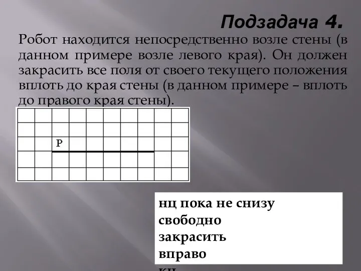 Подзадача 4. Робот находится непосредственно возле стены (в данном примере возле