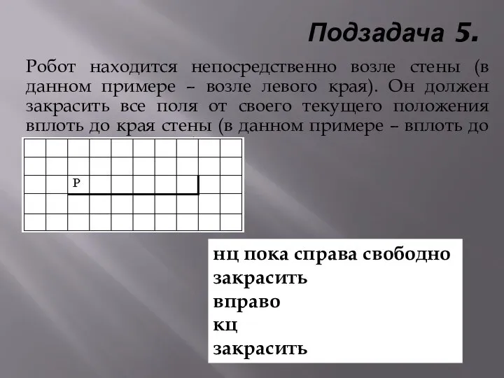 Подзадача 5. Робот находится непосредственно возле стены (в данном примере –