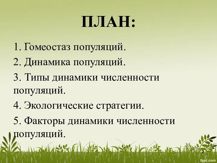 ПЛАН: 1. Гомеостаз популяций. 2. Динамика популяций. 3. Типы динамики численности