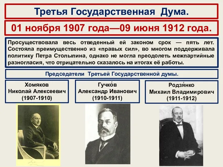 Просуществовала весь отведенный ей законом срок — пять лет. Состояла преимущественно