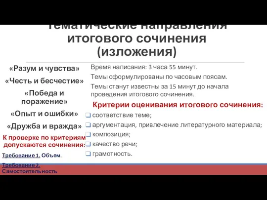 Тематические направления итогового сочинения (изложения) «Разум и чувства» «Честь и бесчестие»