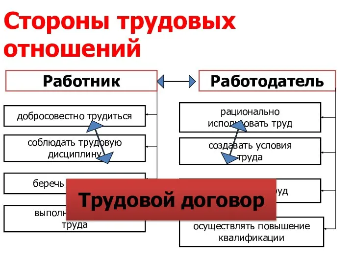 добросовестно трудиться соблюдать трудовую дисциплину беречь имущество выполнять нормы труда Работодатель