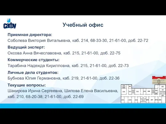 Учебный офис Приемная директора: Соболева Виктория Витальевна, каб. 214, 68-33-30, 21-61-00,