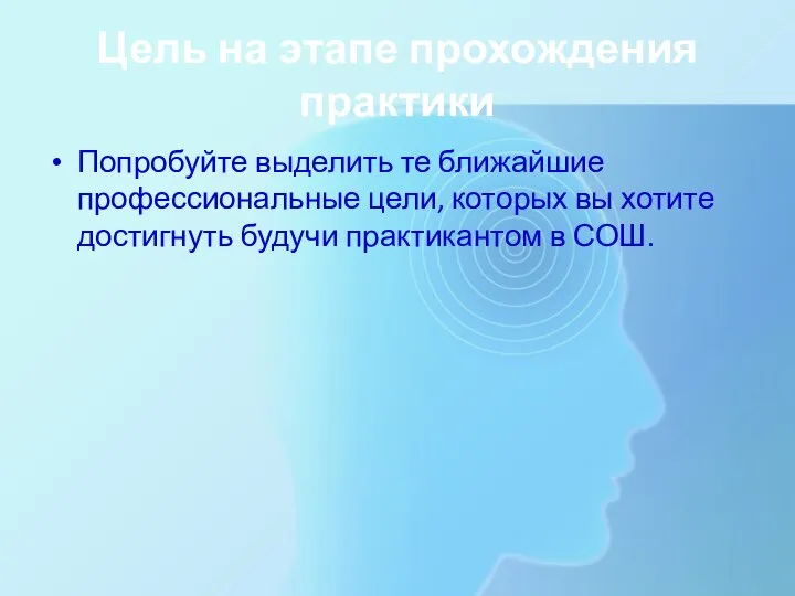 Цель на этапе прохождения практики Попробуйте выделить те ближайшие профессиональные цели,