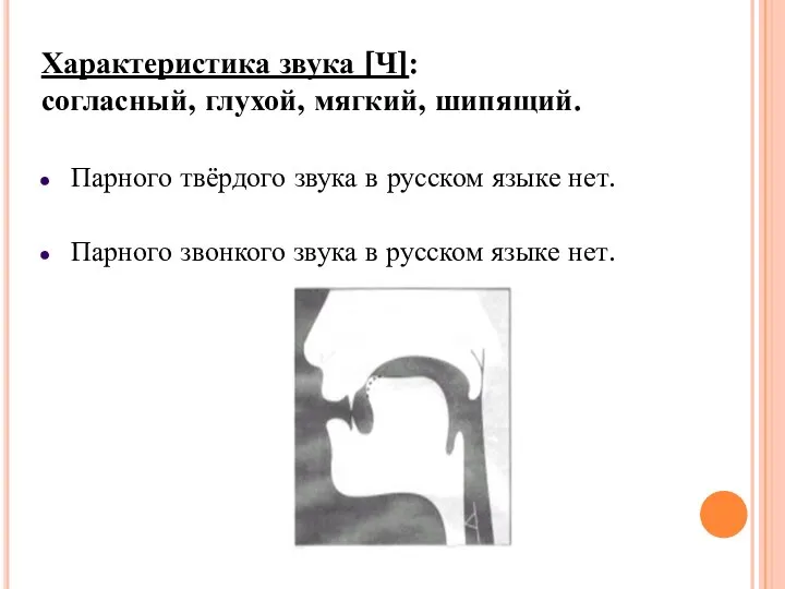 Характеристика звука [Ч]: согласный, глухой, мягкий, шипящий. Парного твёрдого звука в