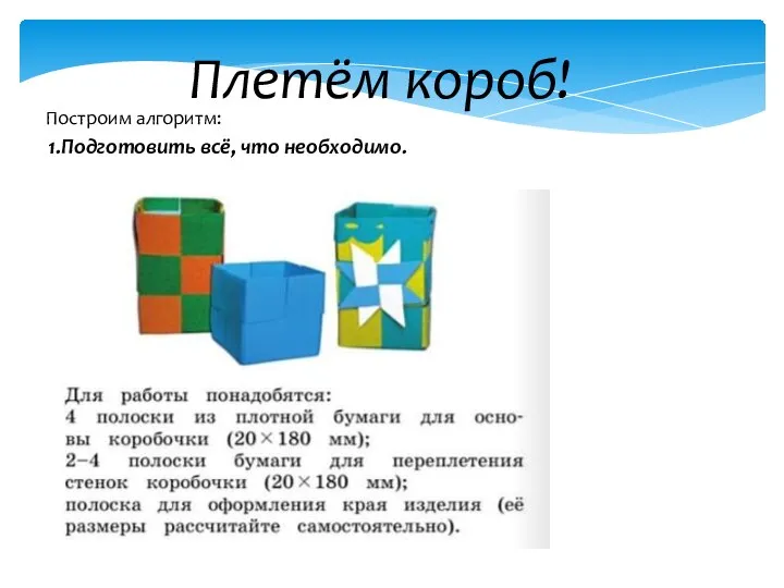 Плетём короб! Построим алгоритм: 1.Подготовить всё, что необходимо.