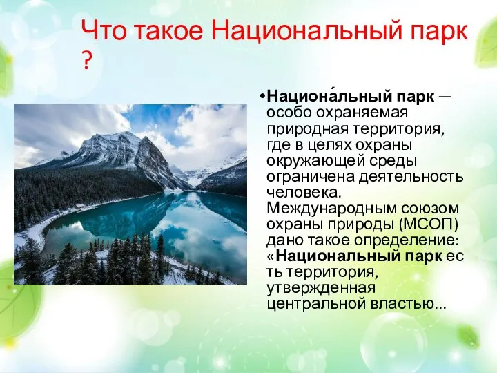 Что такое Национальный парк ? Национа́льный парк — особо охраняемая природная