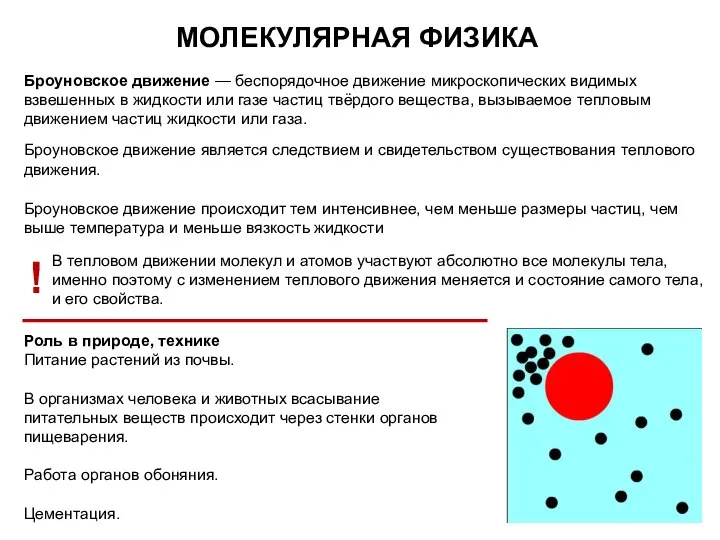 МОЛЕКУЛЯРНАЯ ФИЗИКА Броуновское движение — беспорядочное движение микроскопических видимых взвешенных в