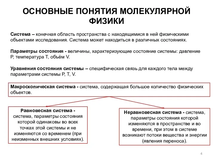 ОСНОВНЫЕ ПОНЯТИЯ МОЛЕКУЛЯРНОЙ ФИЗИКИ Система – конечная область пространства с находящимися