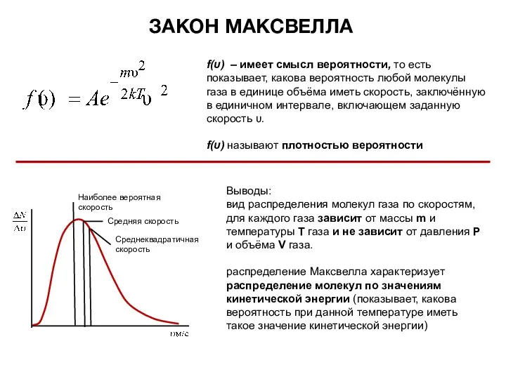 ЗАКОН МАКСВЕЛЛА f(υ) – имеет смысл вероятности, то есть показывает, какова