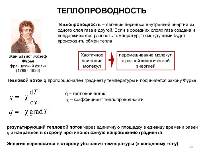 Тепловой поток q пропорционален градиенту температуры и подчиняется закону Фурье ТЕПЛОПРОВОДНОСТЬ