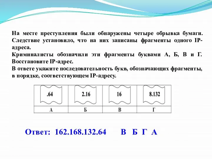 На месте преступления были обнаружены четыре обрывка бумаги. Следствие установило, что