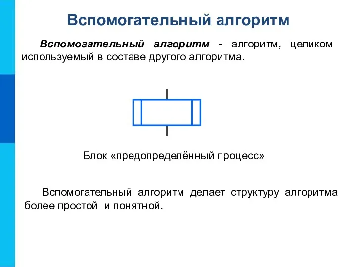 Вспомогательный алгоритм Вспомогательный алгоритм - алгоритм, целиком используемый в составе другого