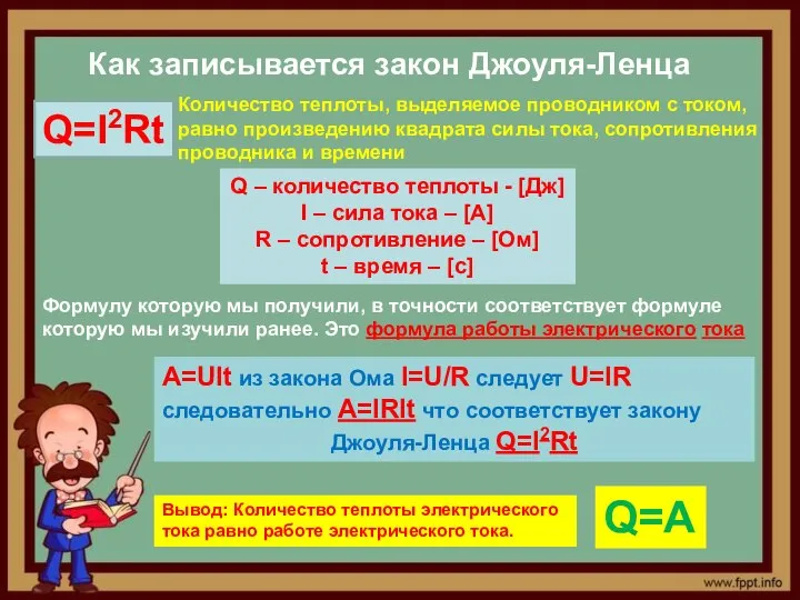 Как записывается закон Джоуля-Ленца Q – количество теплоты - [Дж] I